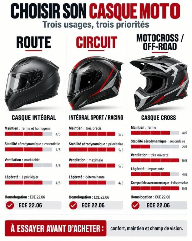 Infographie pour choisir un casque moto Alpinestars selon l’usage route, circuit ou motocross