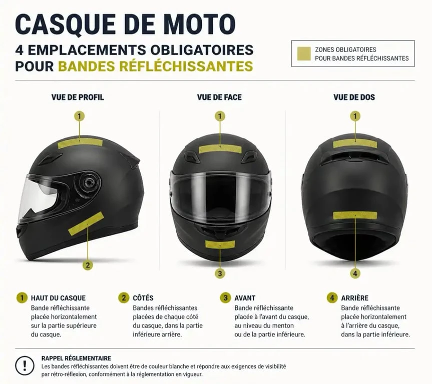 Emplacements des bandes réfléchissantes sur un casque moto pour être conforme à la réglementation