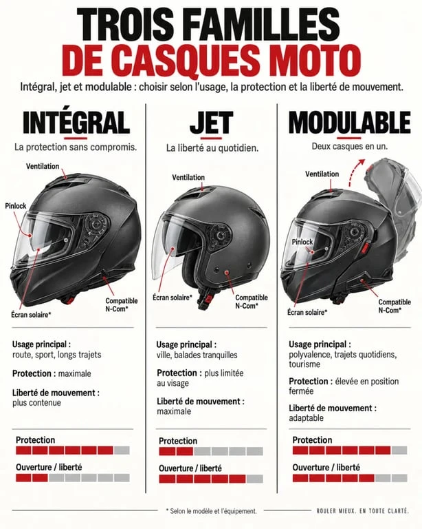 Casque moto Nolan : comparaison visuelle des types intégral, jet et modulable selon les usages