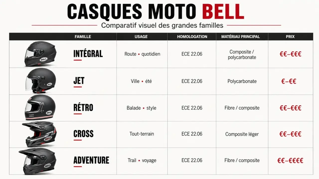 Casque bell moto : comparatif des familles intégral, jet, rétro, cross et adventure