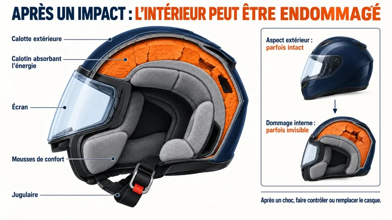 Schéma de protection d’un casque GPA moto avec calotte, calotin et jugulaire