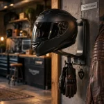 Support casque moto mural pour protéger un casque intégral noir
