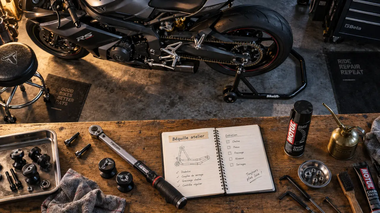 Béquille atelier moto : roue arrière suspendue sur béquille atelier