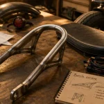 Boucle arrière moto, structure métallique nue à côté de la selle