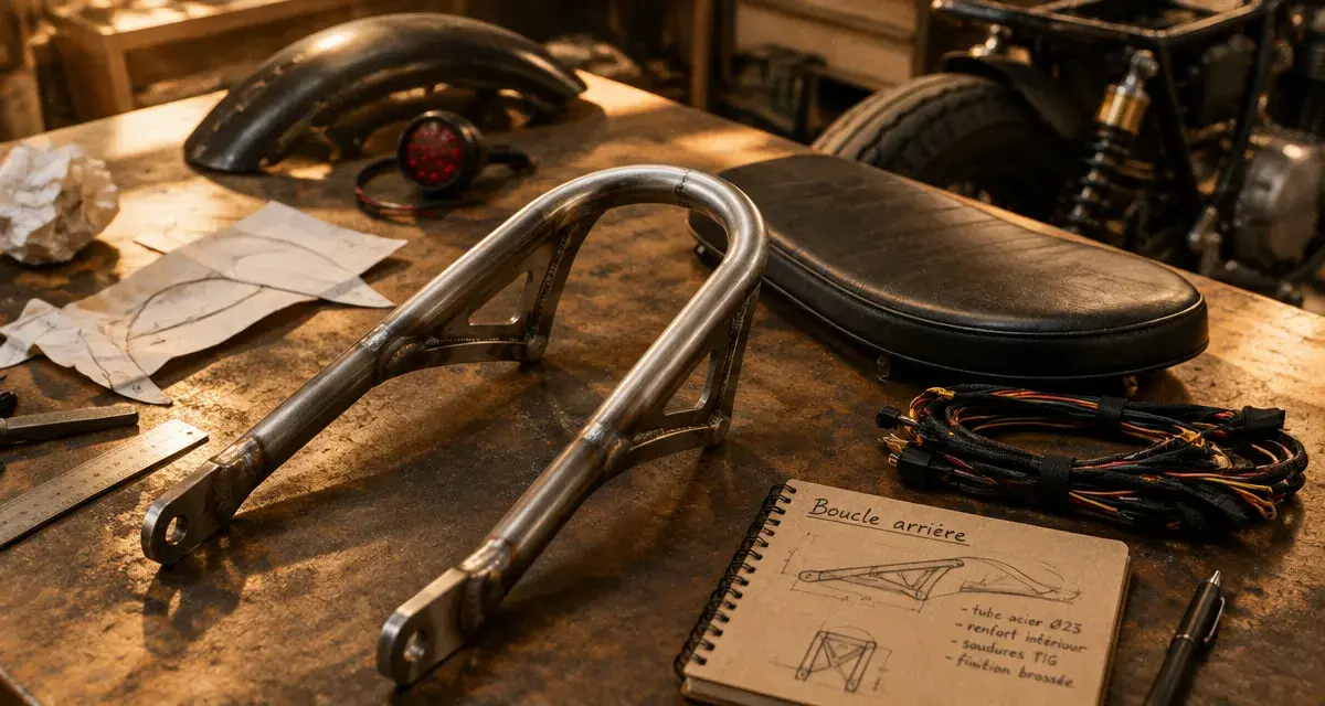 Boucle arrière moto, structure métallique nue à côté de la selle