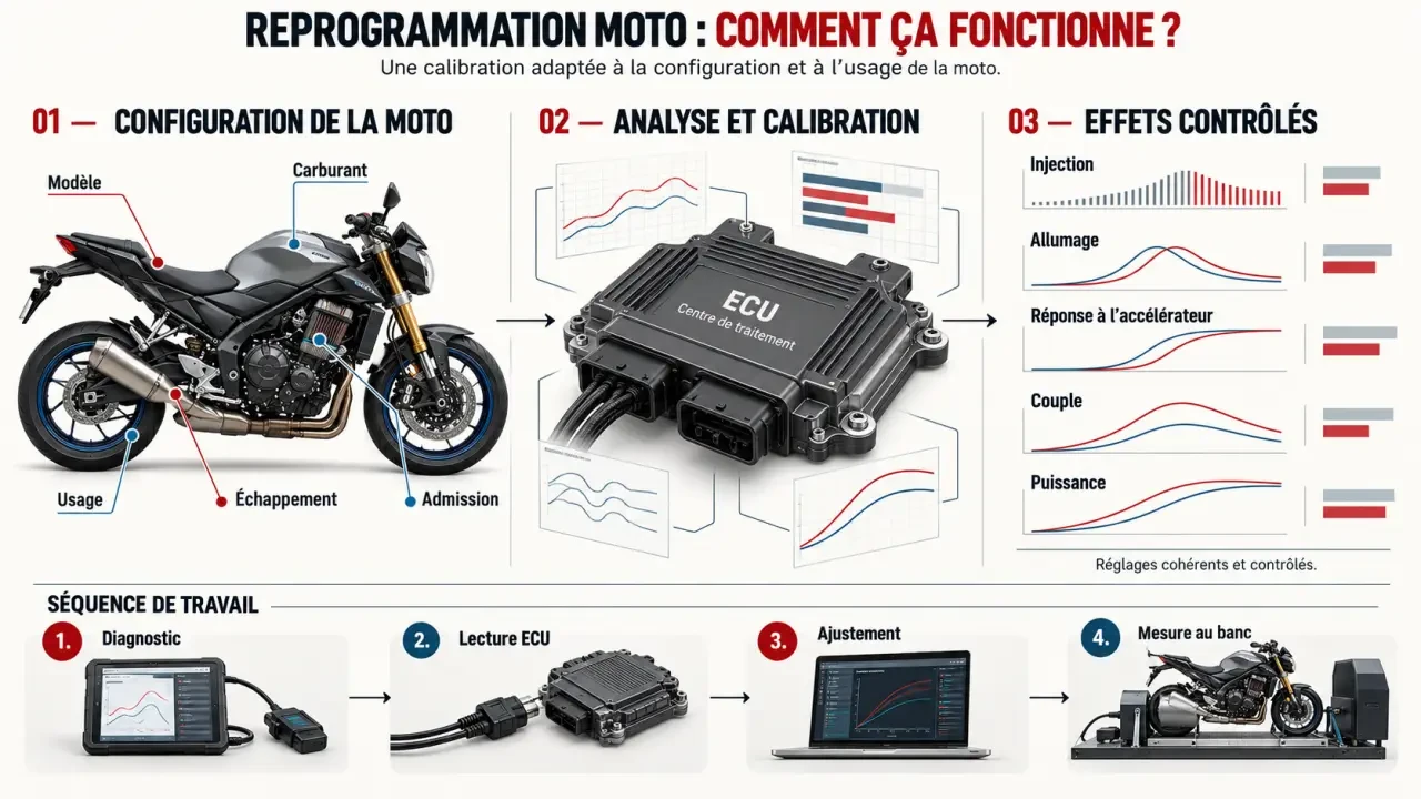 Schéma du fonctionnement d’une reprog moto et du réglage de la cartographie ECU