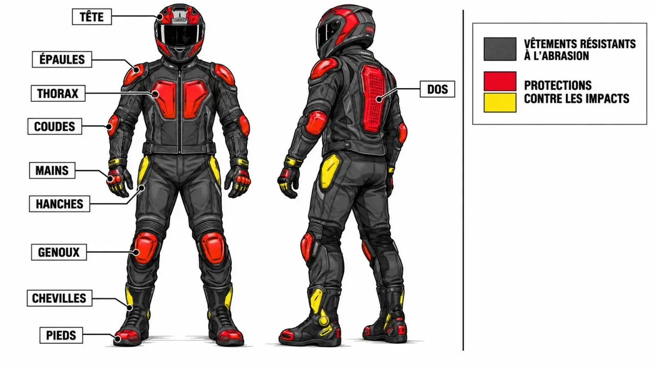 Schéma de protection motard montrant les zones du corps couvertes par l’équipement