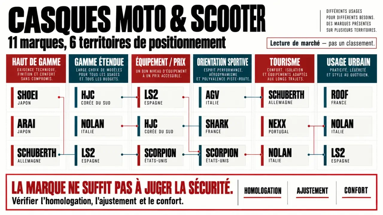 Infographie comparative des marques de casque moto et scooter selon leur positionnement et leur origine