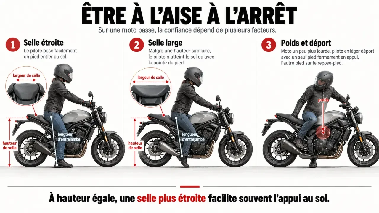 Infographie sur les motos basses montrant l'effet de la hauteur et de la largeur de selle sur l'appui au sol
