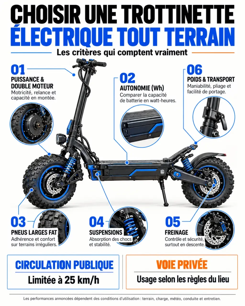 Infographie comparative pour choisir la meilleure trottinette électrique tout terrain selon la puissance, l'autonomie, les pneus et la sécurité
