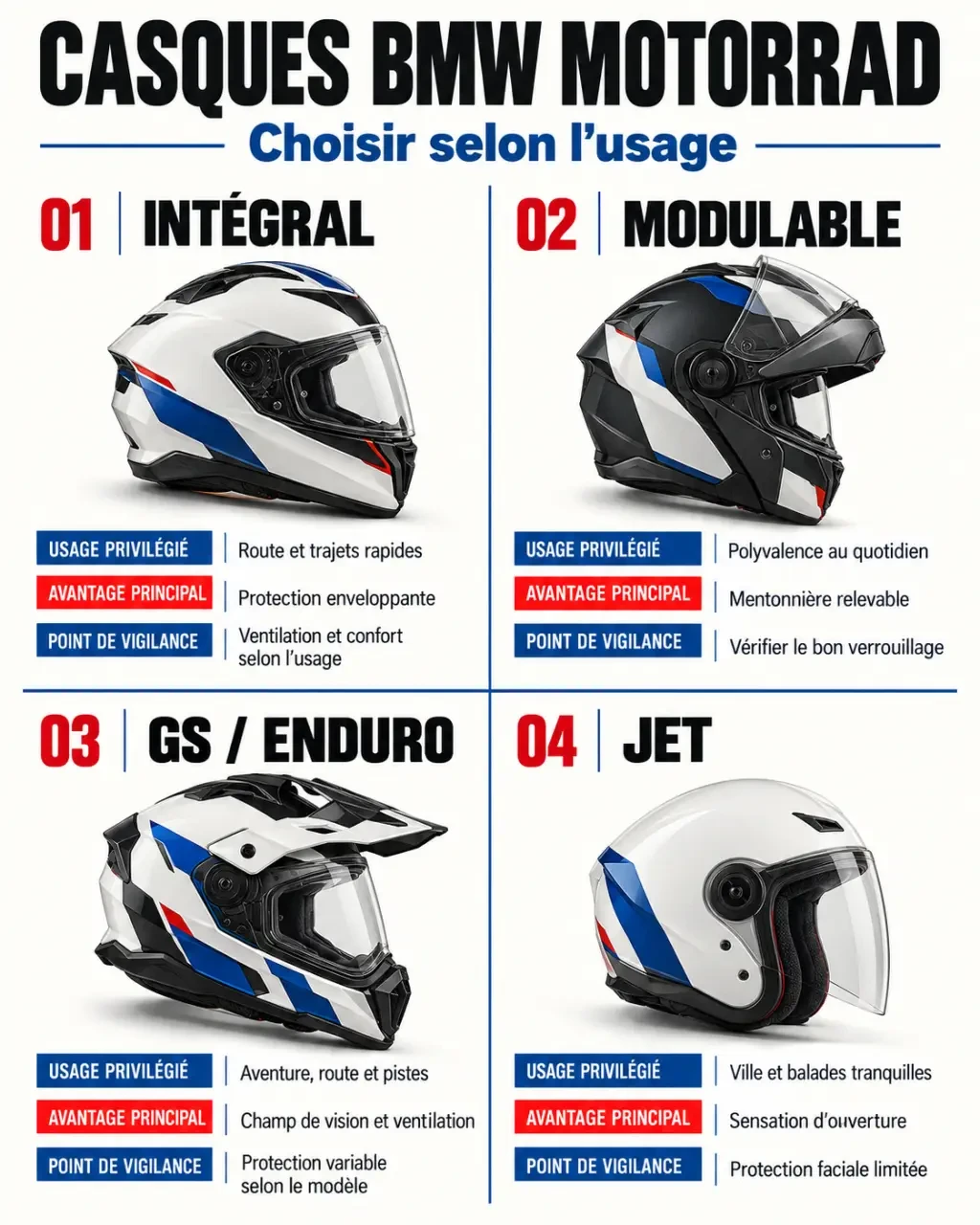 Infographie comparative des quatre familles de casque BMW : intégral, modulable, GS et jet