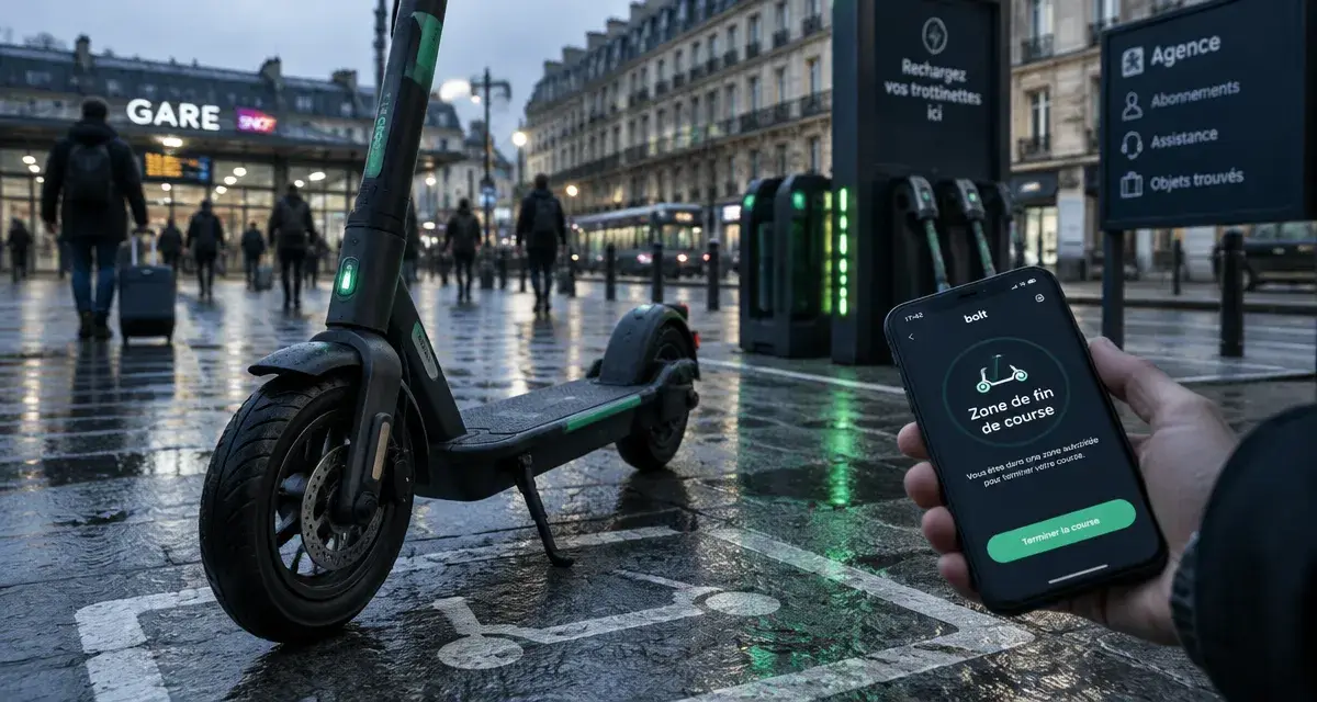 Location trottinette électrique : trottinette en station, pass et zone de fin de course