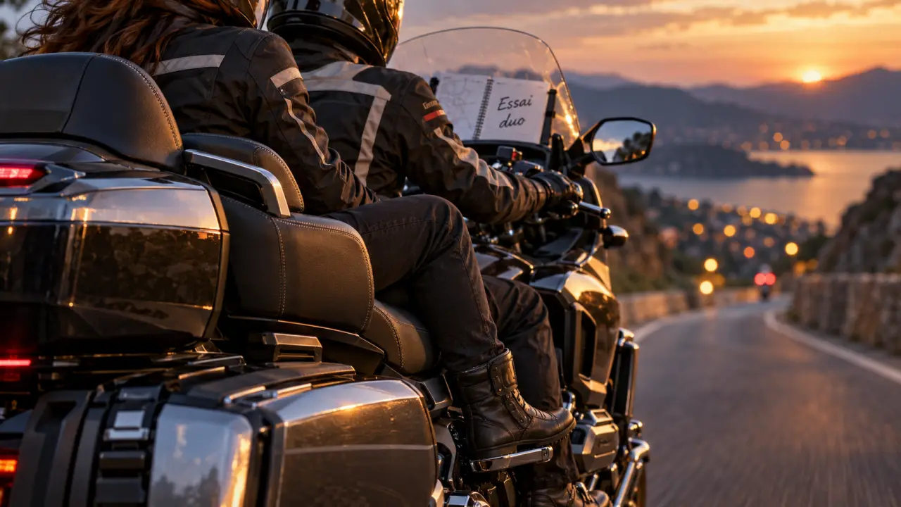 Moto confortable en duo : passager et pilote, réglage précharge et confort