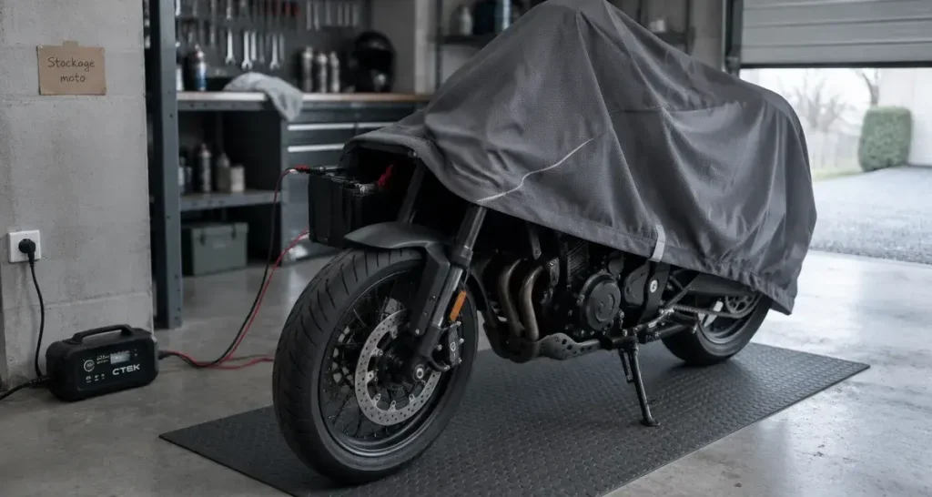 Stockage moto : 6 gestes pour éviter batterie vide, pneus marqués et rouille