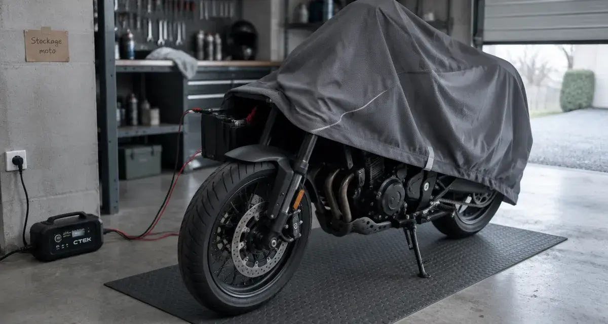 Stockage moto : chargeur mainteneur et housse respirante sur moto